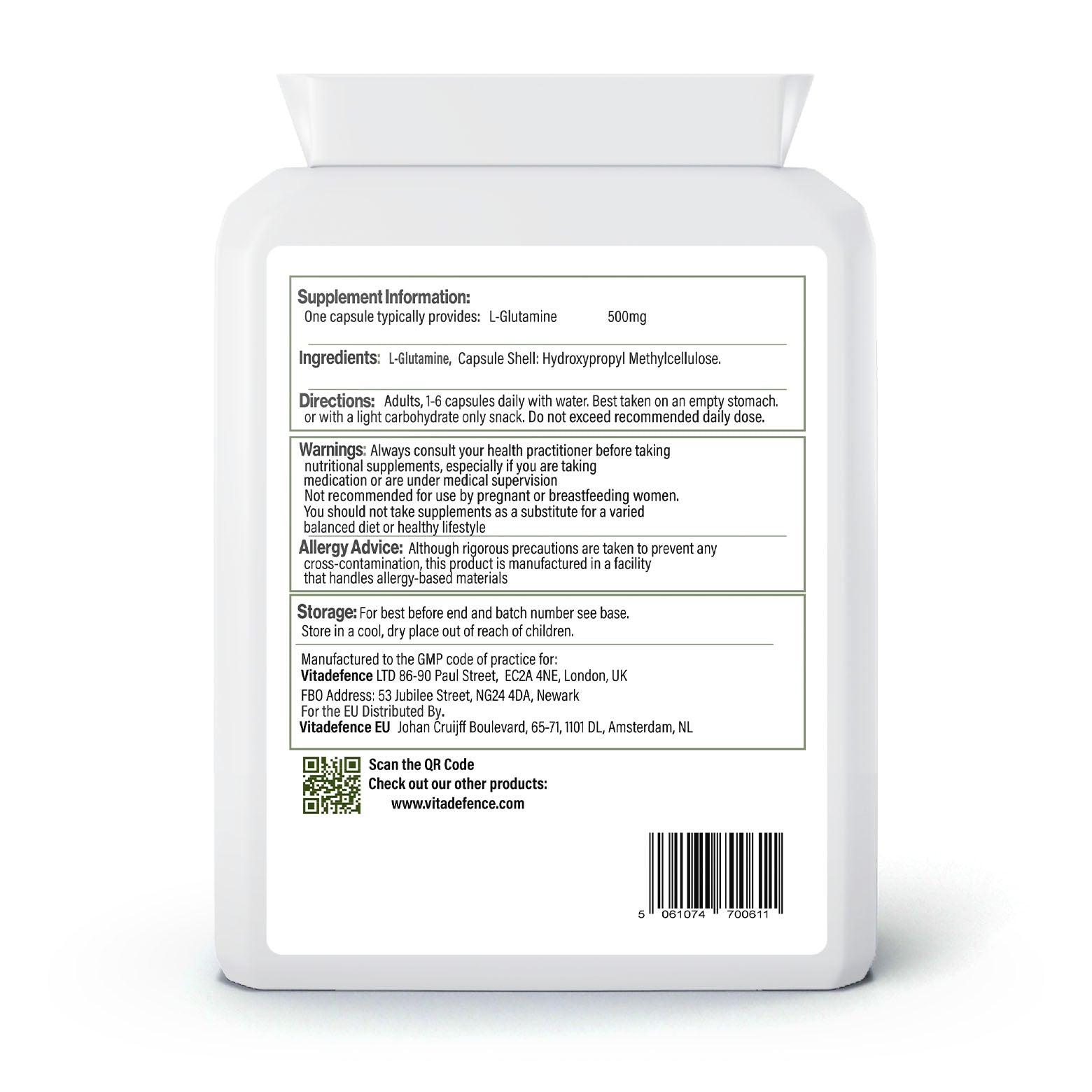 L-Glutamine 2-Pack | Pure L-Glutamine 500mg – 180 Capsules (2 x 90)
