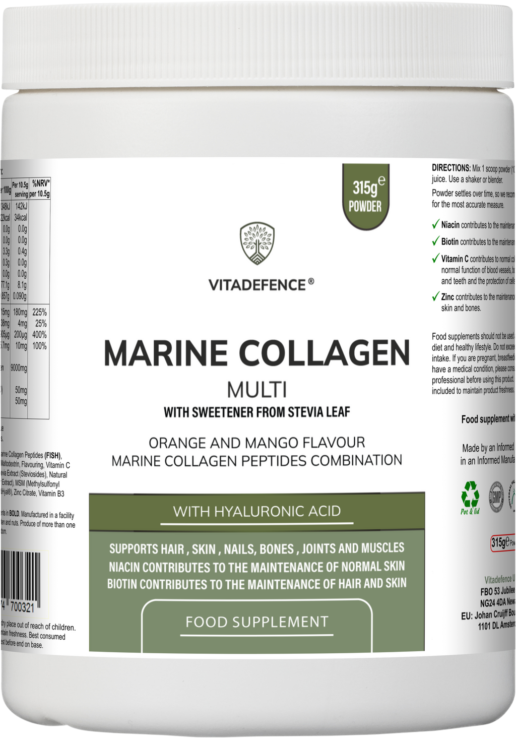 Marine Collagen Multi | Orange & Mango Flavour Powder with Hyaluronic Acid, MSM, Vitamins & Minerals – 315 g