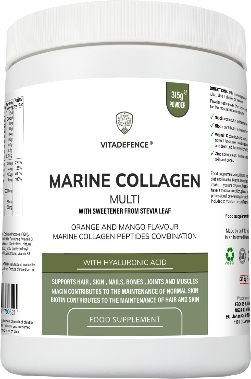 Marine Collagen Multi | Orange & Mango Flavour Powder with Hyaluronic Acid, MSM, Vitamins & Minerals – 315 g