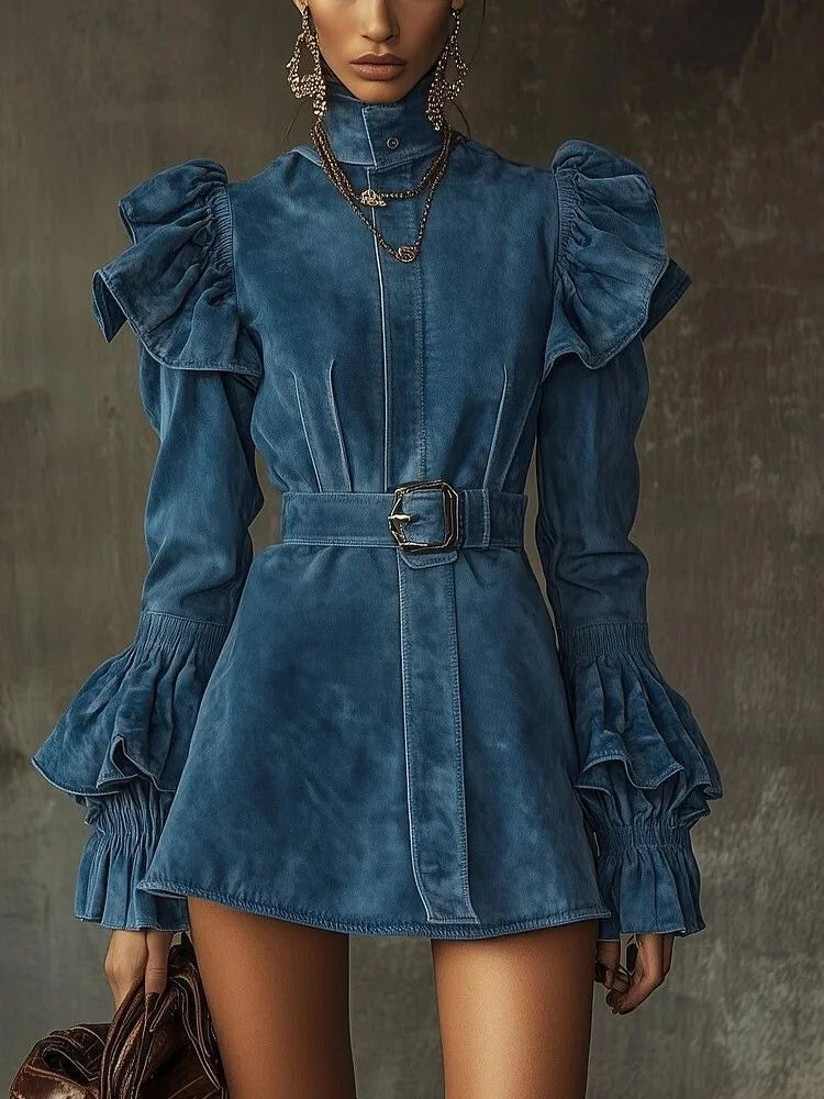 Women's Suede Mini Dress Vintage High Neck Ruffle Shoulder Flare Sleeve Belted Waist Slim Fit Casual Party Evening Wear
